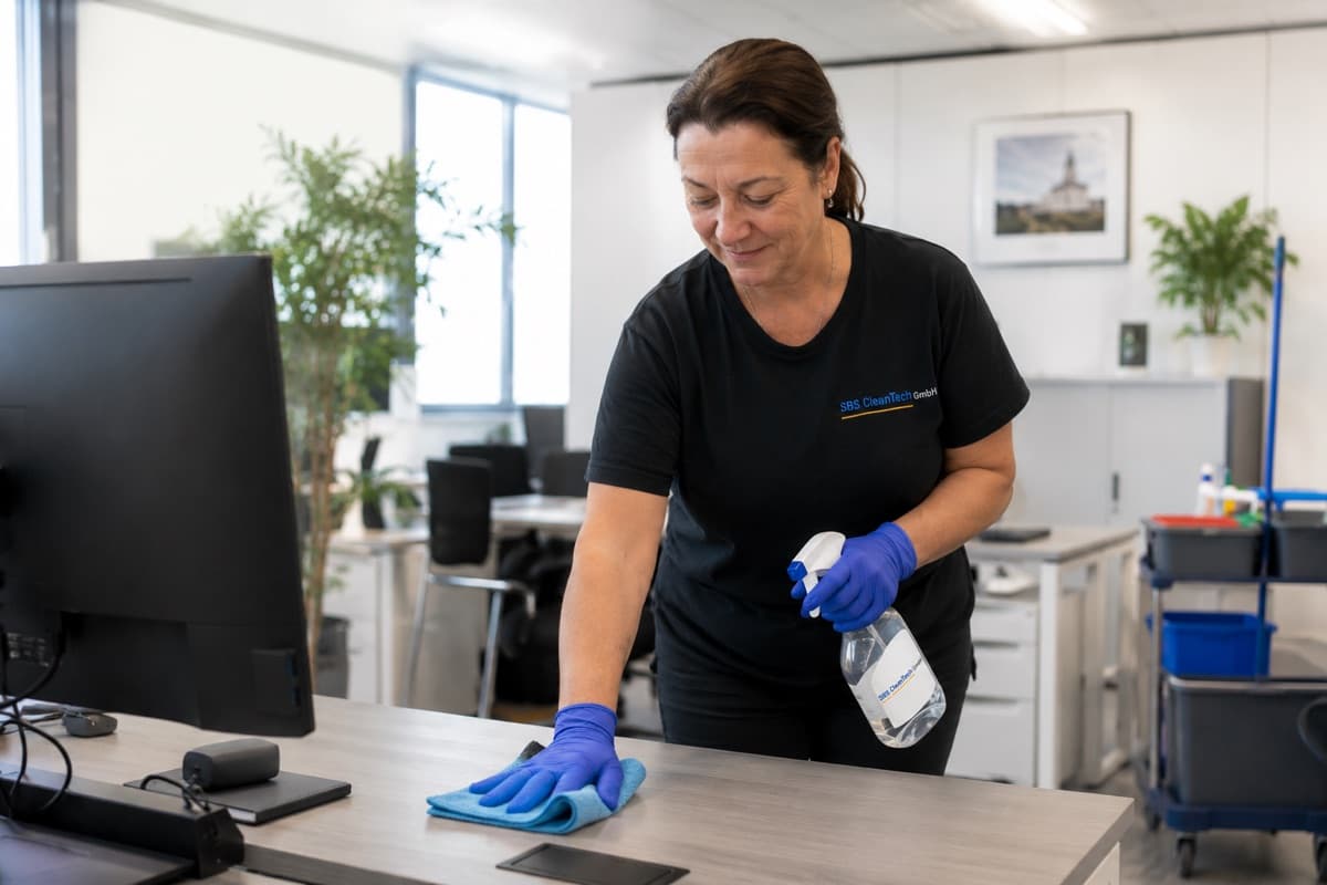 SBS CleanTech Mitarbeiterin bei der professionellen Büroreinigung in Hamburg